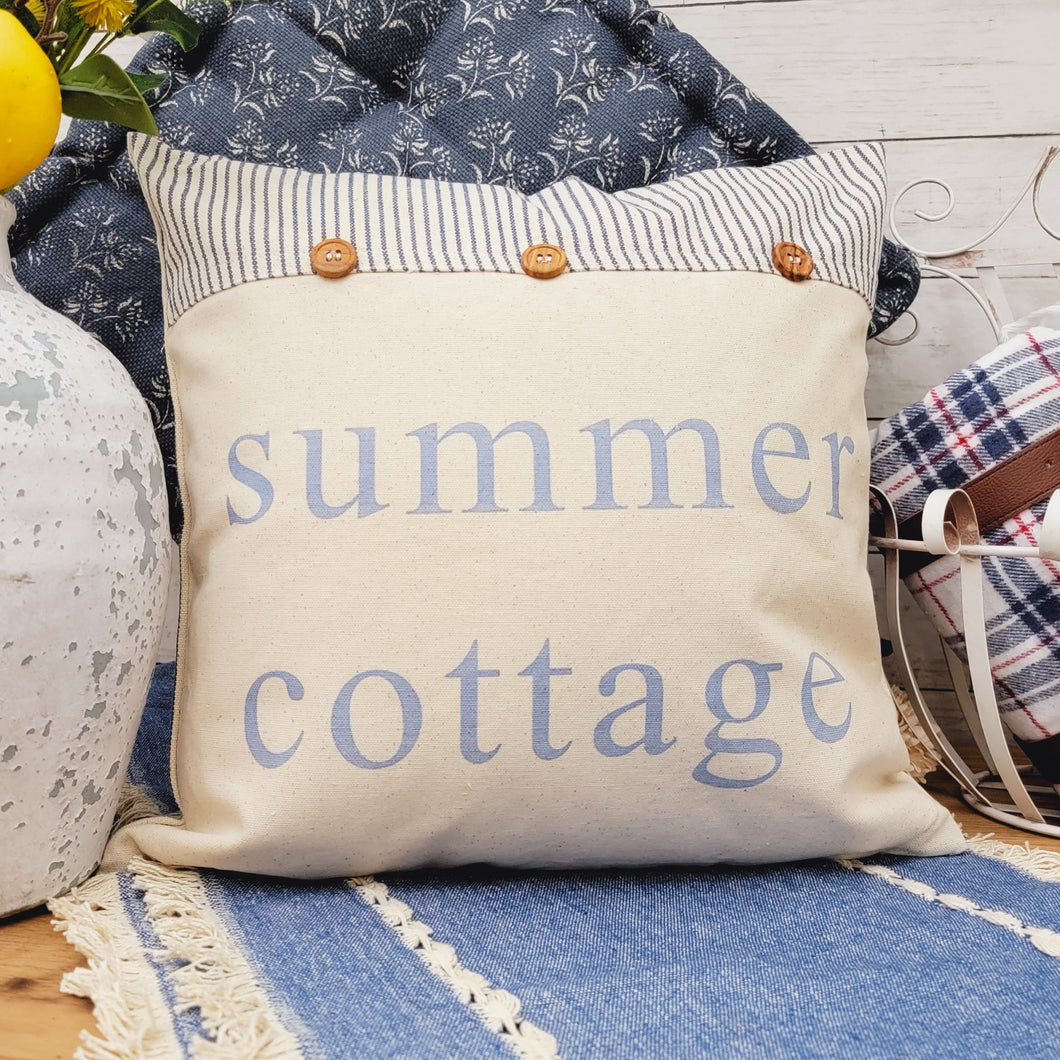Summer Cottage Blue Seersucker Ticking Stripe Throw Pillow