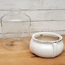 Load image into Gallery viewer, Two-piece glass and distressed white ceramic terrarium.
