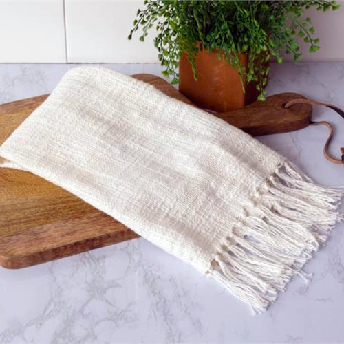 Off white textured slub kitchen tea towel with fringe