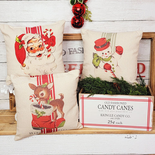 Vintage farmhouse retro santa, reindeer, and snowman pillow set