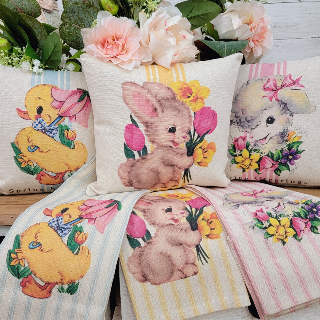 Vintage retro style Easter duck, lamb, and rabbit mini pillows and matching tea towels.