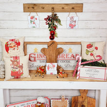 Load image into Gallery viewer, Vintage farmhouse christmas console table display with shiplap ornaments, wood gingerbread man, santa, reindeer, and snowman ticking stripe pillows
