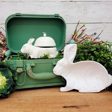 Load image into Gallery viewer, Easter display in a vintage green metal suitcase container.

