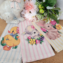Load image into Gallery viewer, Vintage style duck, lamb, rabbit striped tea towel set.
