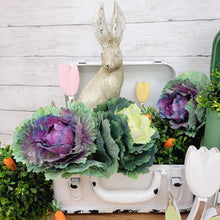 Load image into Gallery viewer, Vintage Easter display with a rabbit and faux cabbage in a metail suitcase box.
