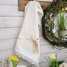 Load image into Gallery viewer, White rabbit frayed applique tea towel.
