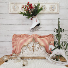 Load image into Gallery viewer, Vintage style winter sidetable vignette with a pine filled retro ice skate, rocking horse, metal scroll tree, and fleur-de-lis- wall decor.

