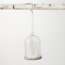 Load image into Gallery viewer, Vintage-style tinsel trimmed glass cloche ornament filled with snow and winter trees.
