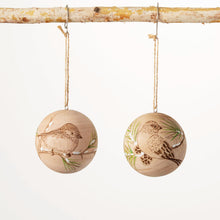 Load image into Gallery viewer, Neutral round wood ornament set with etched and painted winter birds. 
