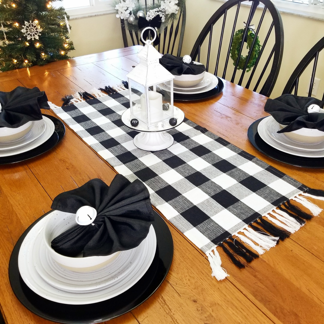 Black and White Checkered Plaid Table Runner with Fringe