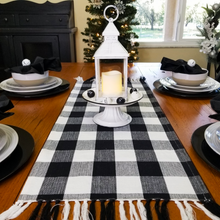 Load image into Gallery viewer, Black and White Checkered Plaid Table Runner with Fringe
