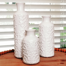 Load image into Gallery viewer, White Ceramic Embossed Scroll Bud Vase Trio
