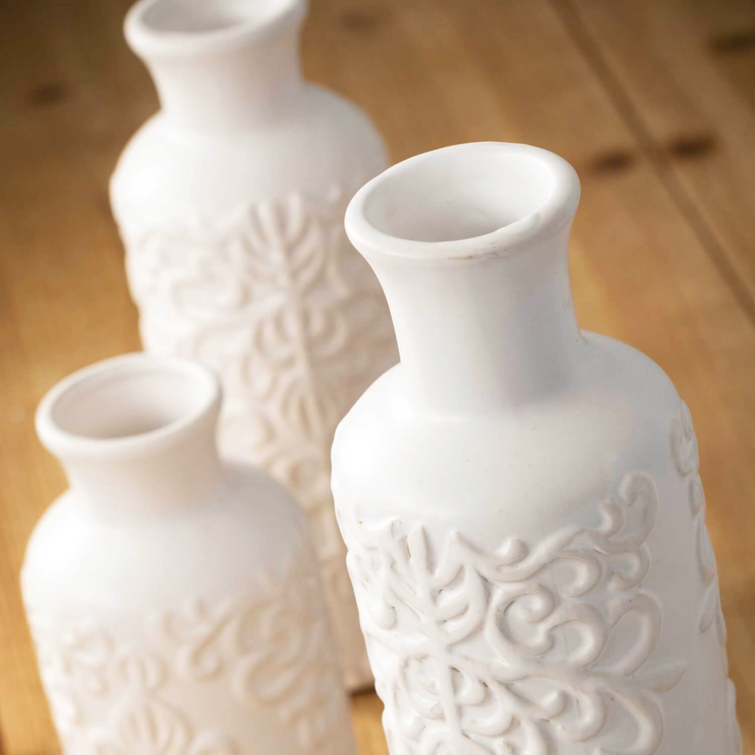 White Ceramic Embossed Scroll Bud Vase Trio