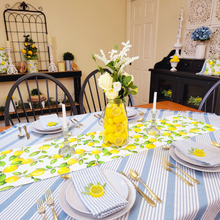 Load image into Gallery viewer, French farmhouse kitchen tablescape with blue and white seersucker napkins and table cloth and a lemon table runner
