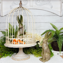 Load image into Gallery viewer, Antique White and Gold Distressed Metal Birdcage Cloche on Wood Pedestal
