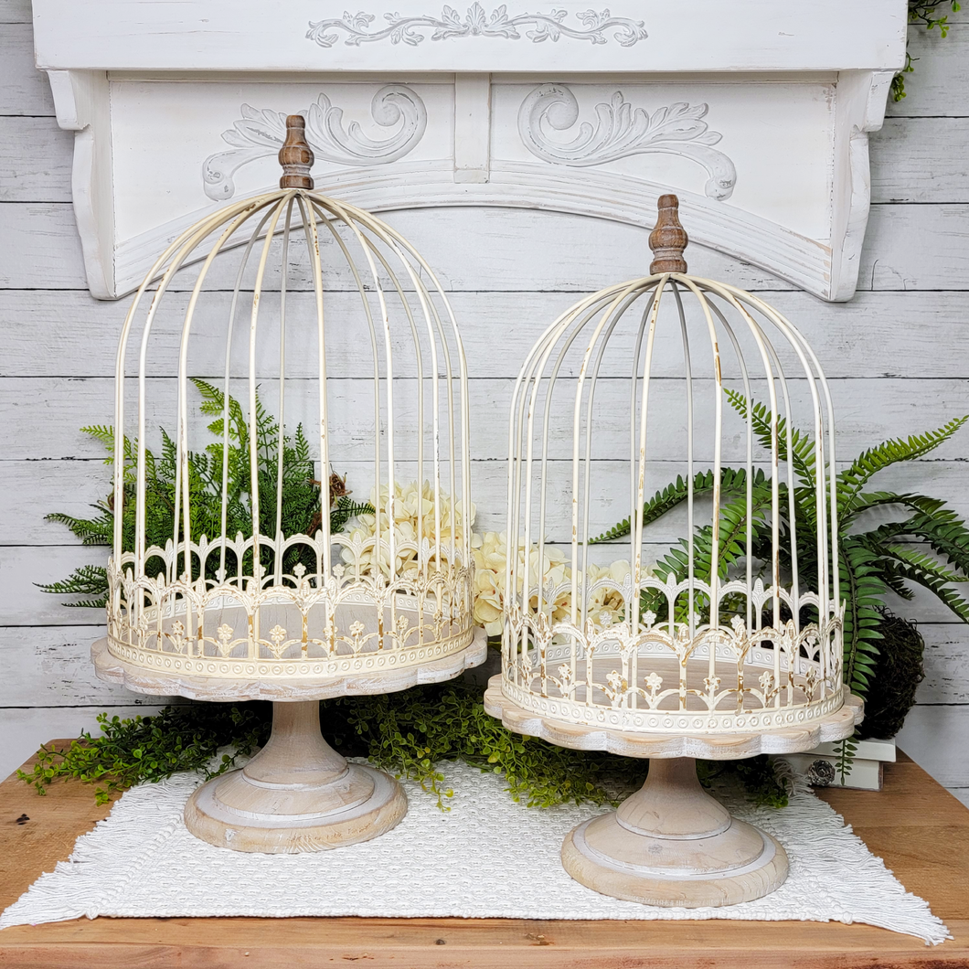 Antique White and Gold Distressed Metal Birdcage Cloche on Wood Pedestal