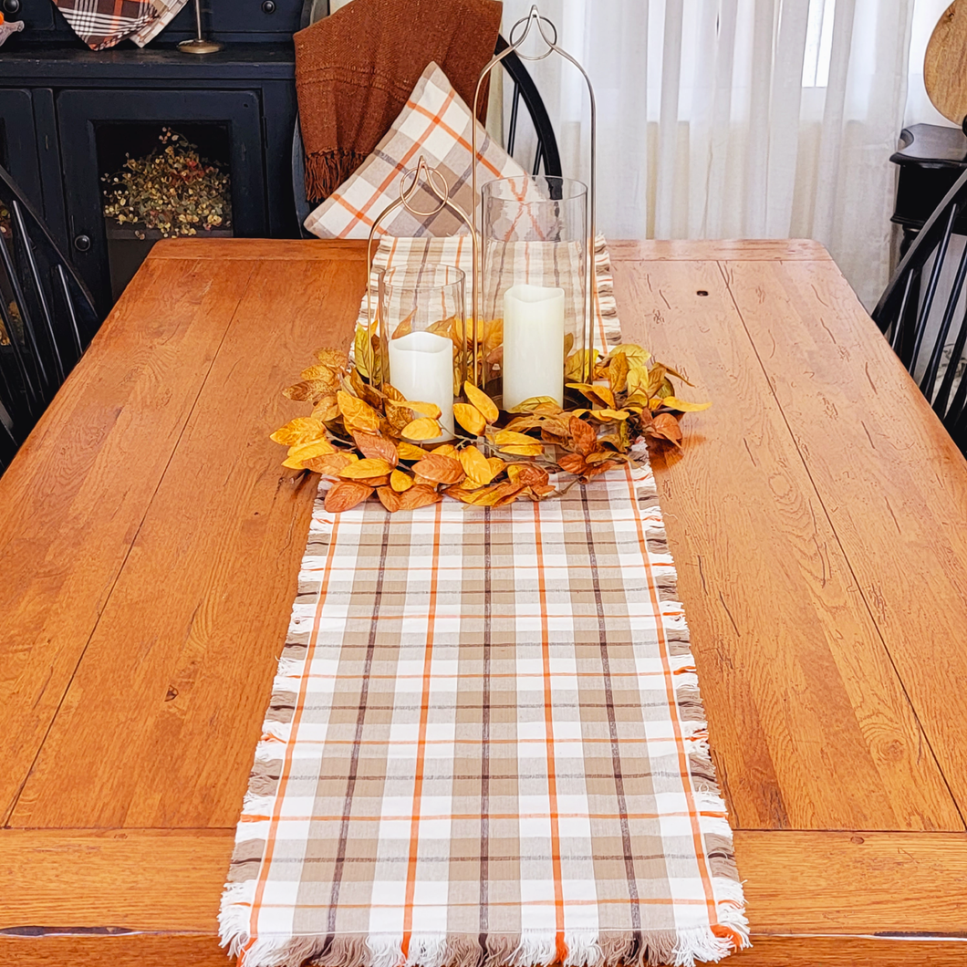 Neutral Tan Brown and Orange Plaid Table Runner with Fringe