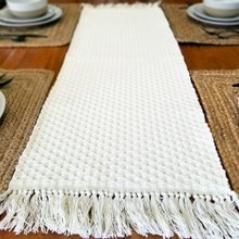 Load image into Gallery viewer, white woven neutral table runner with fringe
