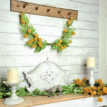 Load image into Gallery viewer, Deep Yellow Billy Button and Foliage Wreath on a Gold Hoop
