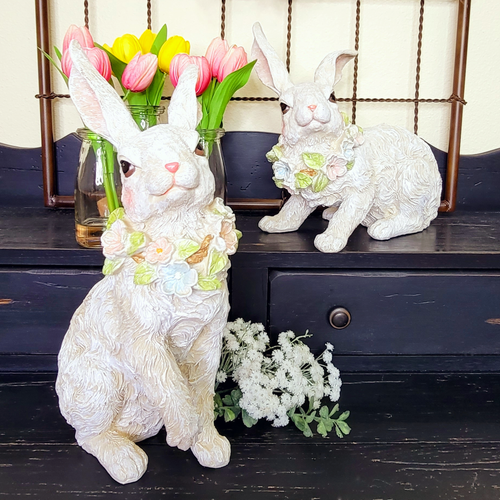 White Cottage Bunny Statues with Floral Garland Arounf their Neck