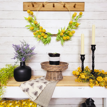Load image into Gallery viewer, Deep Yellow Billy Button and Foliage Wreath on a Gold Hoop
