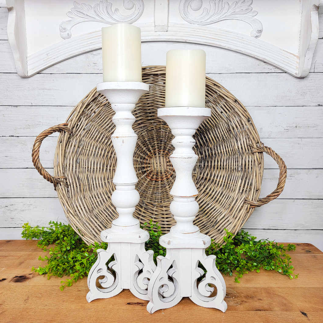 Chippy White Distressed Pillar Candle Holder with Corbel Feet 2 Sizes