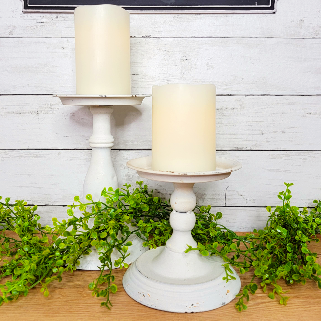 Distressed Off White Metal Pillar Candle Holder Set of 2