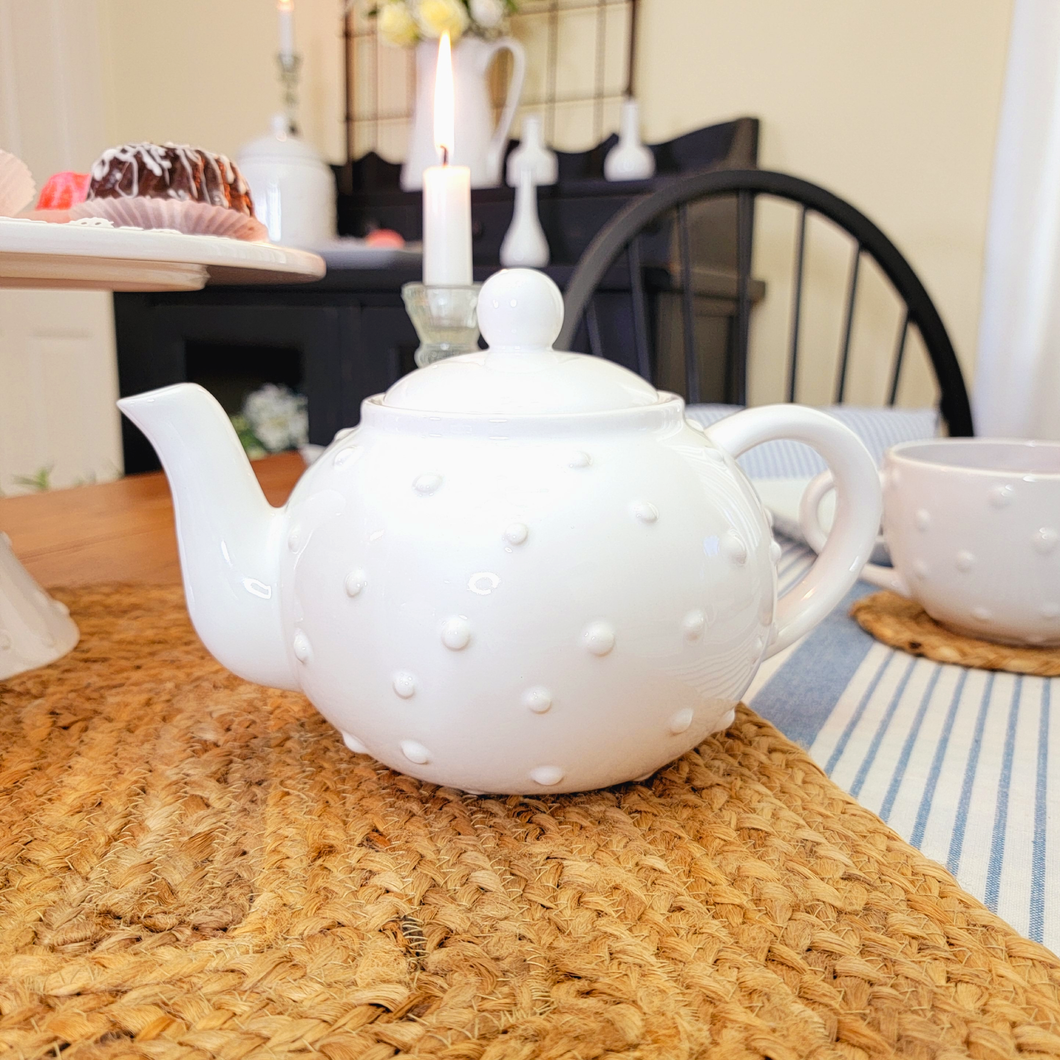 Dottie Hobnail White Ceramic Teapot