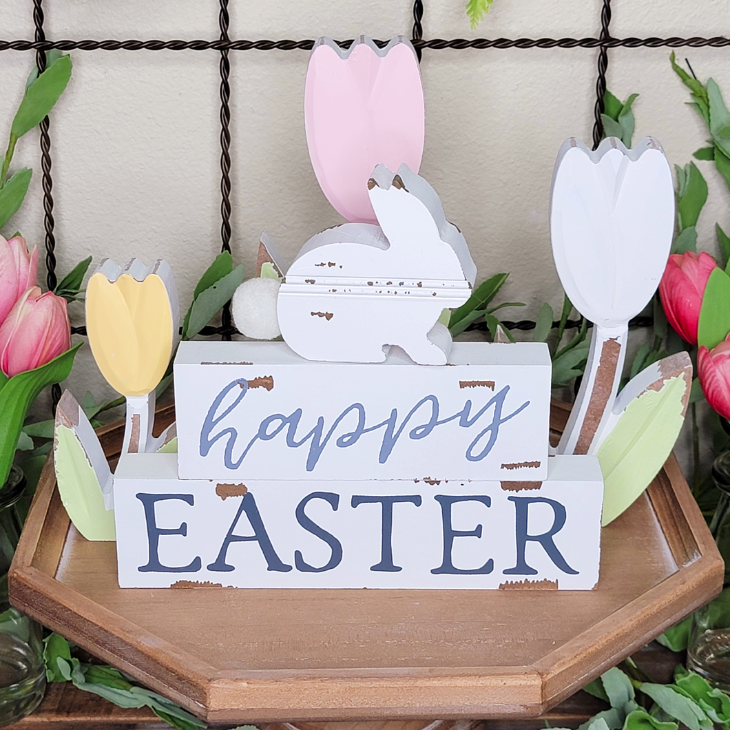 Happy Easter Chippy White Distressed Wood Block Stacking Sign with Bunny Cutout with Yellow Pink and White Wood Tabletop Decor Tulips