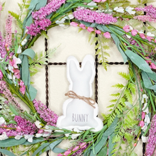 Load image into Gallery viewer, Artificial Lavender and Pink Flower Wreath with a White Fabric Bunny in the center
