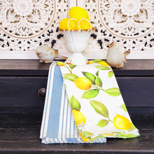 Load image into Gallery viewer, Lemon and Blue Stripe Tea Towel Set of 2

