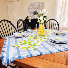 Load image into Gallery viewer, Lemon and Blue Seersucker Reversible Table Runner 55&quot;
