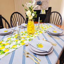 Load image into Gallery viewer, Lemon and Blue Seersucker Reversible Table Runner 55&quot;
