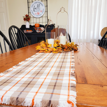 Load image into Gallery viewer, Neutral Tan Brown and Orange Plaid Table Runner with Fringe
