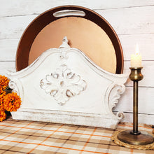 Load image into Gallery viewer, French fall farmhouse vignette with plaid table runner, copper tray, vintage candlestick and architectural wall decor

