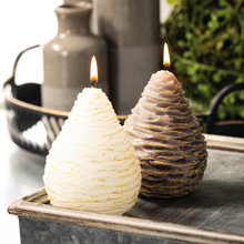 Load image into Gallery viewer, White with Gold Accent Pinecone Candle Set of 2
