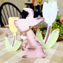 Load image into Gallery viewer, Distressed Rustic Pink Wood Easter Bunny Cutout Yellow and White Tulip Spring Table Decor
