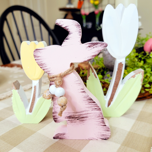 Distressed Rustic Pink Wood Easter Bunny Cutout Yellow and White Tulip Spring Table Decor
