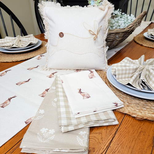 Cottage Rabbit Easter Bunny Tea Towel Set displayed with matching reversible table runner and shabby chic pillow