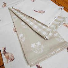 Load image into Gallery viewer, Cottage Rabbit Easter Bunny Tea Towel Set in Tan and Linen Gingham, Floral silhouette and Brown Chocolate Rabbits
