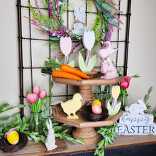 Load image into Gallery viewer, Tiered hexagon wood tray displaying spring and Easter home decor wood painted tulips yellow wood chick distrssed pink bunny chippy white happy easter tabletop sign pink and lavender wreath hanging on an antique metal gate
