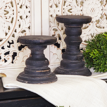 Load image into Gallery viewer, Black Distressed Turned Wood Pillar Candle Holder 2 Sizes
