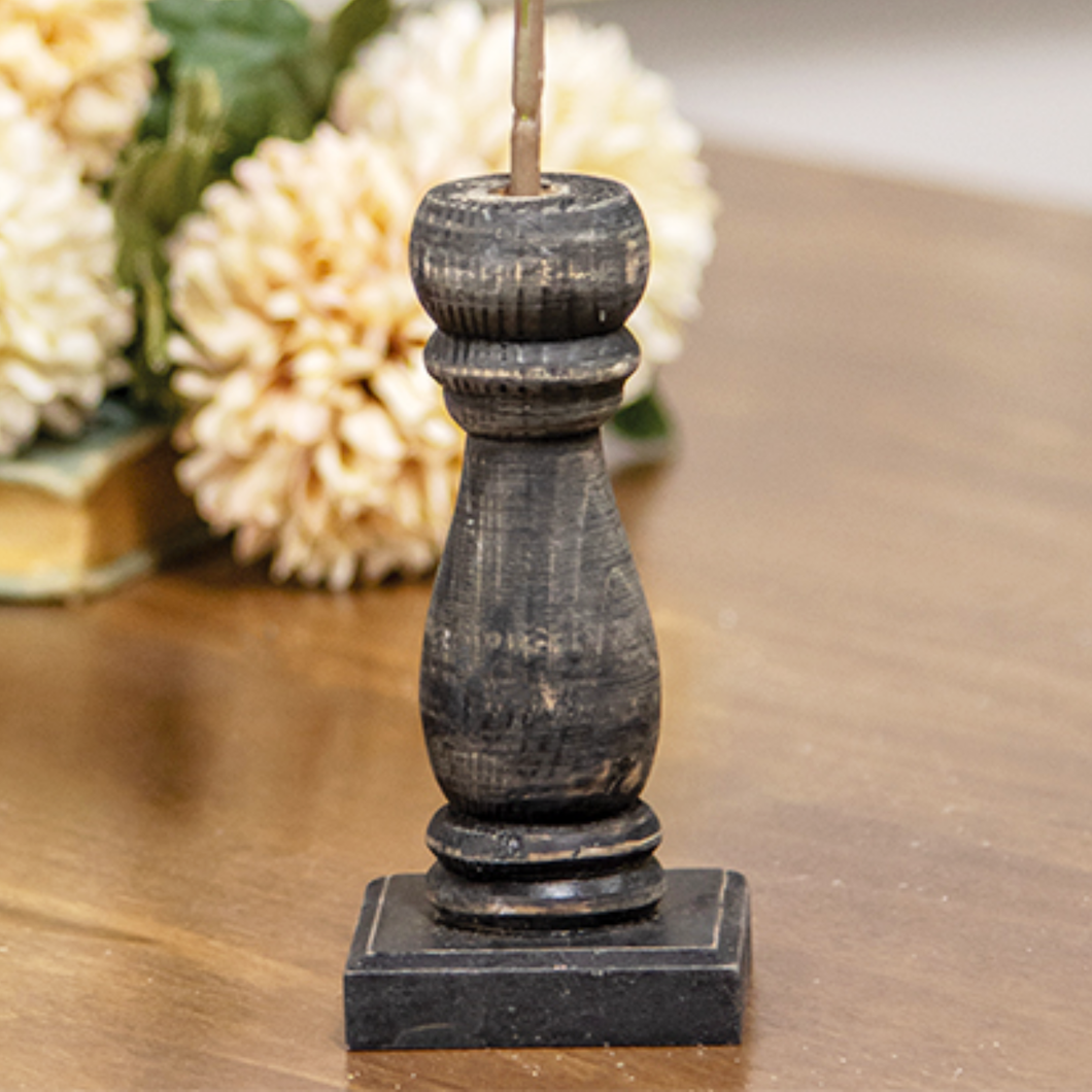 Distressed Black Wood Spindle Flower or Dowel Holder with Choice of Single Stem Floral
