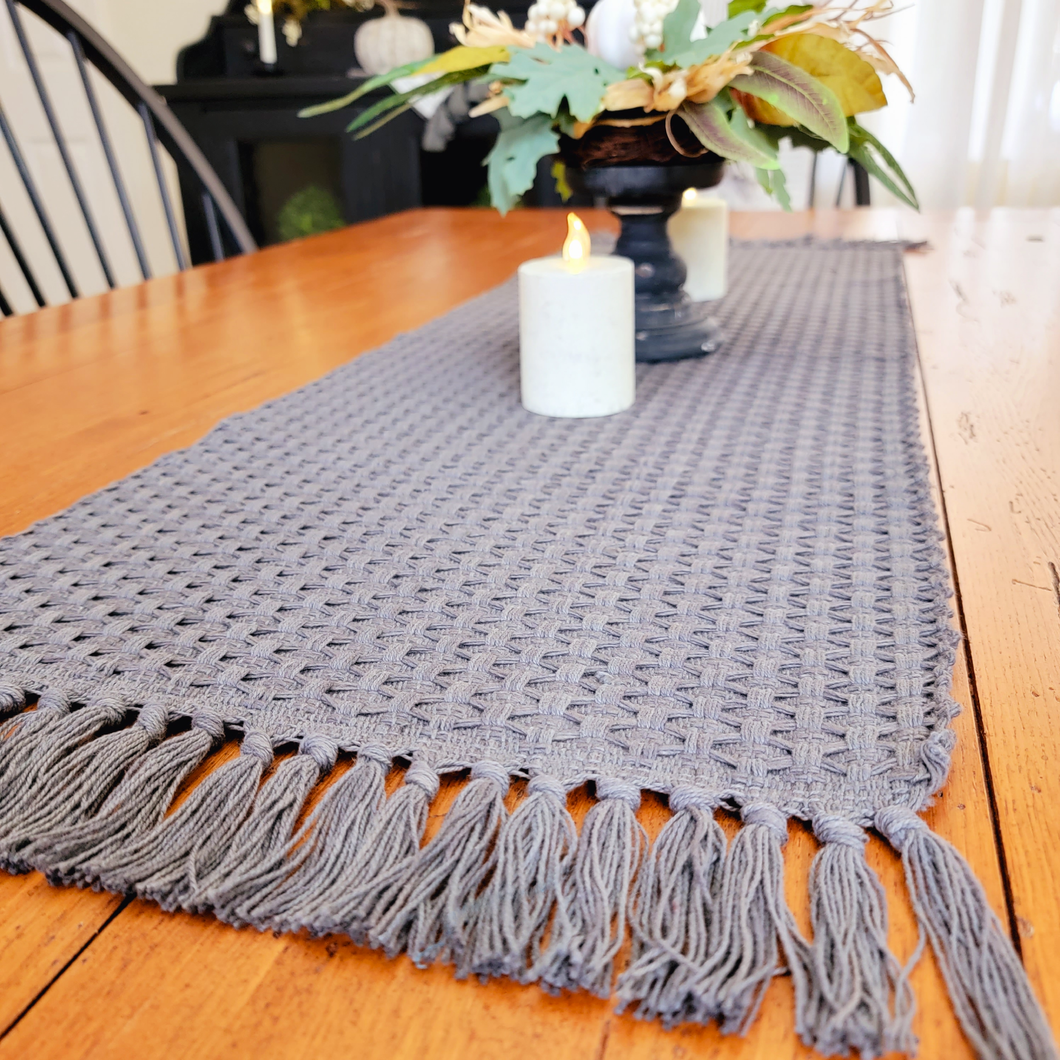 Stormy Charcoal Gray Woven Table Runner with Fringe
