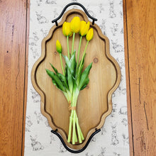 Load image into Gallery viewer, Real touch yellow tulip bundle laying on an ornate wood tray.
