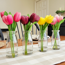 Load image into Gallery viewer, Artificial Real Feel Tulips in a milk bottle Glass Vase on a tan plaid table runner
