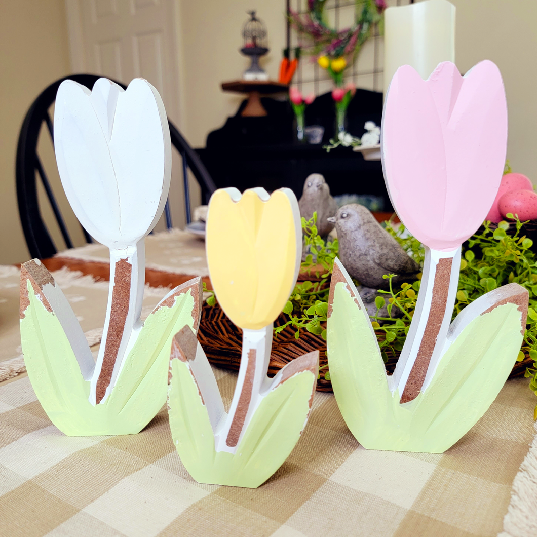 Chippy Wood White Yellow and Pink Tulip Spring Table Decor