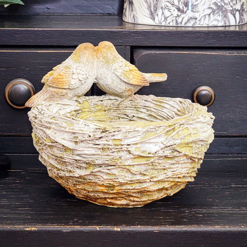 Resin tabletop home decor bird nest bowl feeder and love birds with a cement like weathered finish