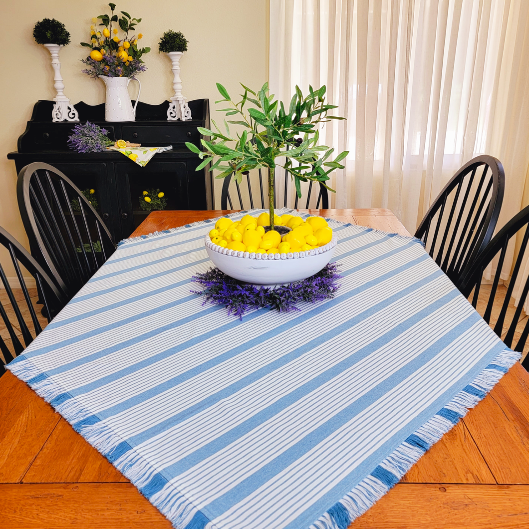 Blue Grain Sack Striped Table Cloth with Fringe