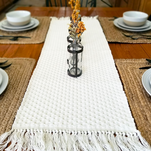 Farmhouse woven cotton table ruuner with fringe